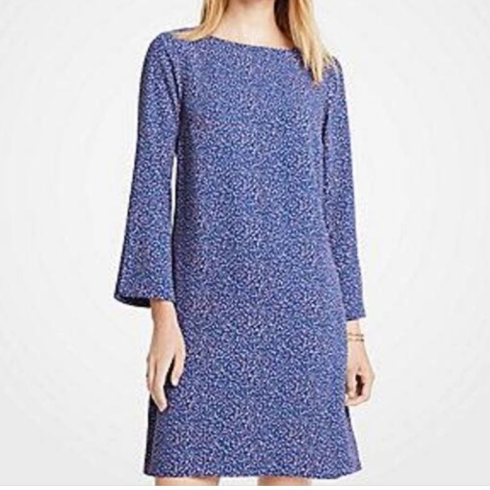 Ann Taylor Shift Dress Confetti 3/4 Sleeve Pockets Blue Purple Round Neck Sz 16